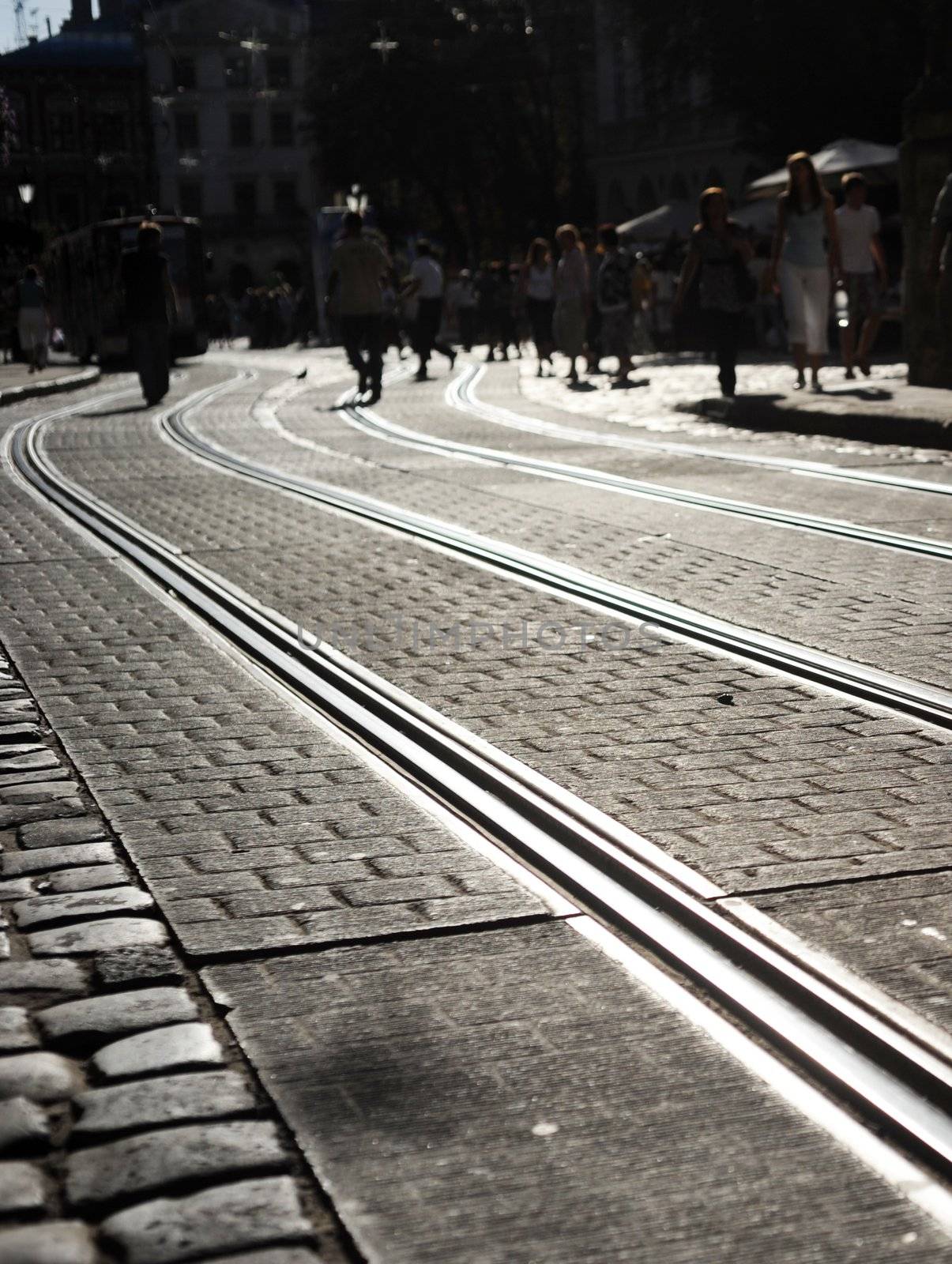 Rail tracks  cobblestone street  in center of  Lviv, Ukraine