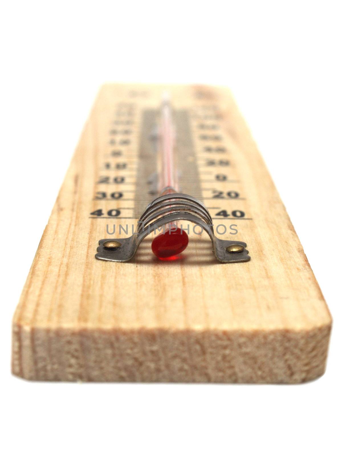Front view of wooden thermometer isolated on white background