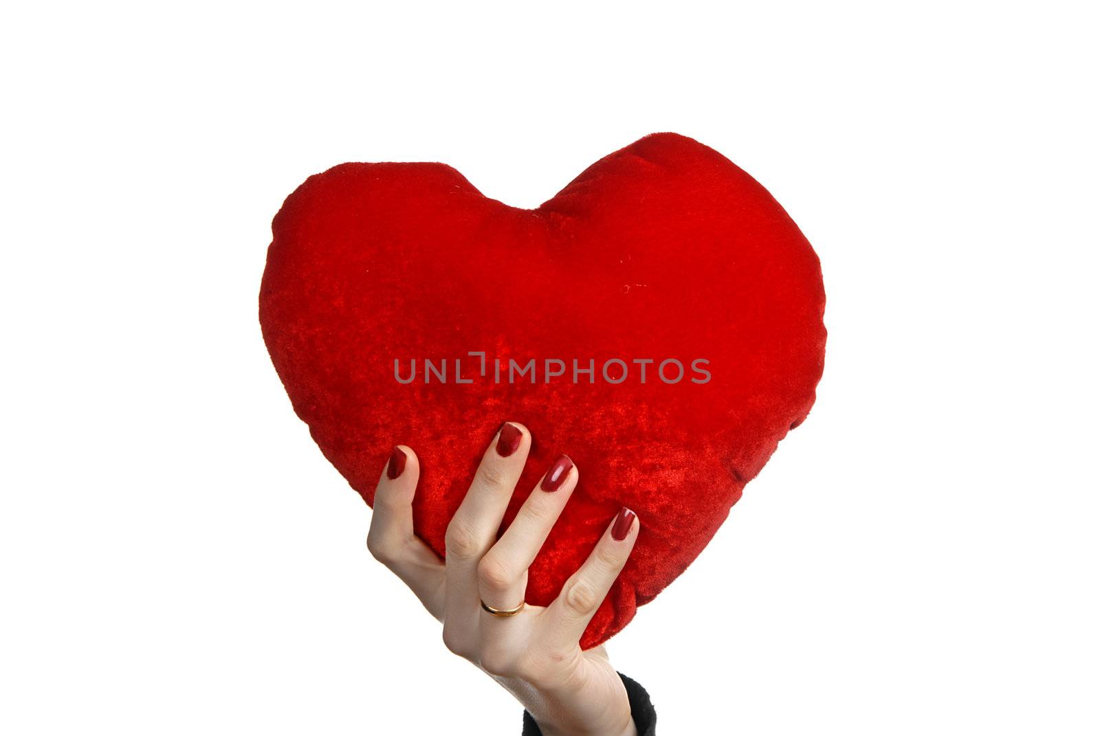 red heart in a woman hand, isolated on white