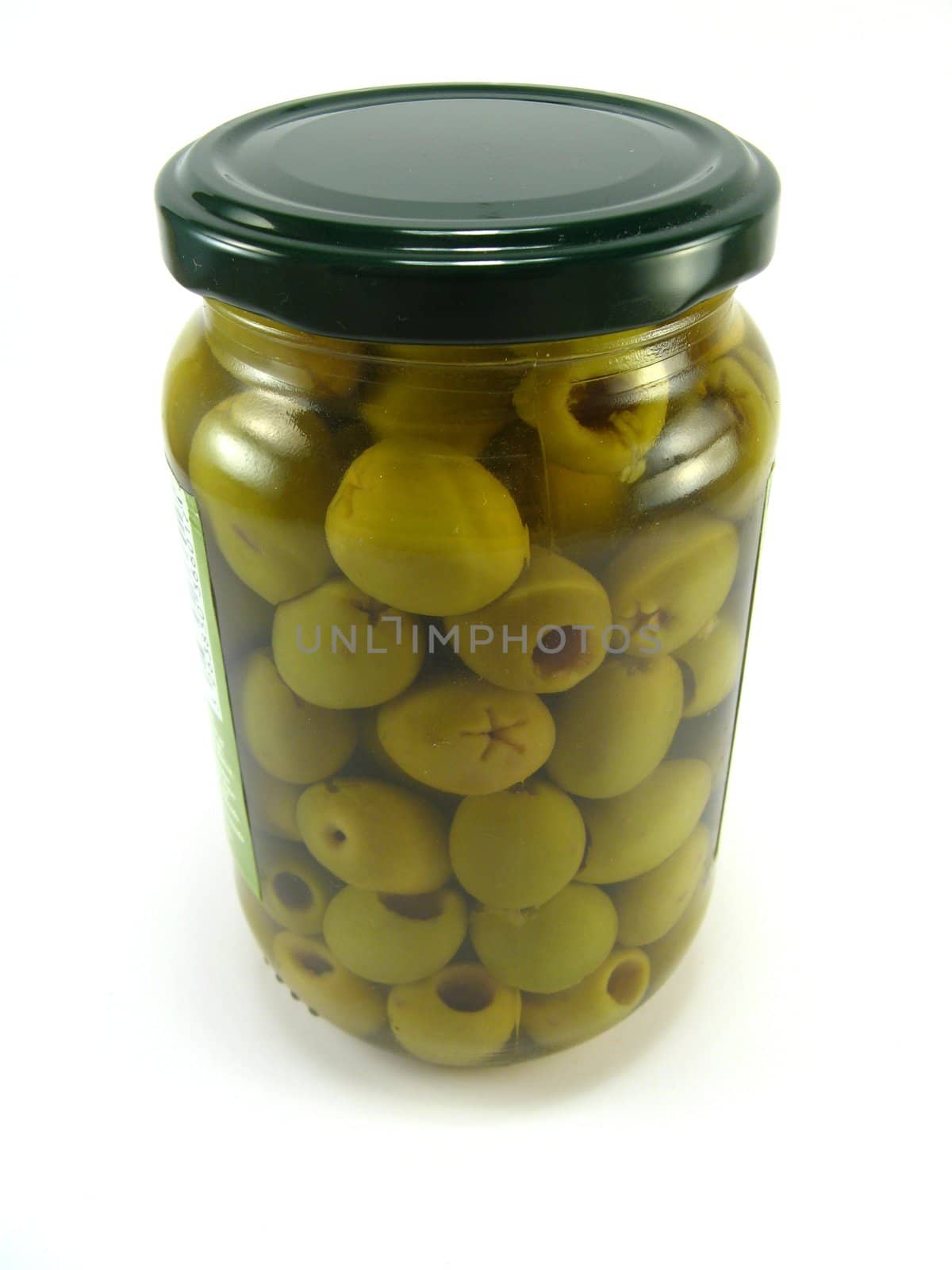 a jar of olives on a white background