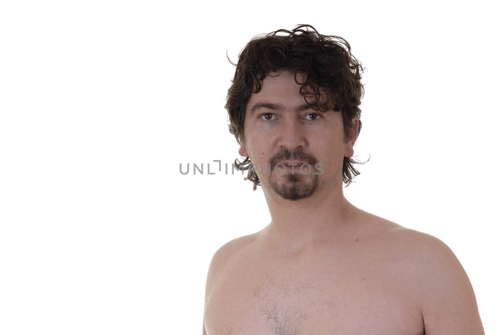 young man alone and naked portrait in white background
