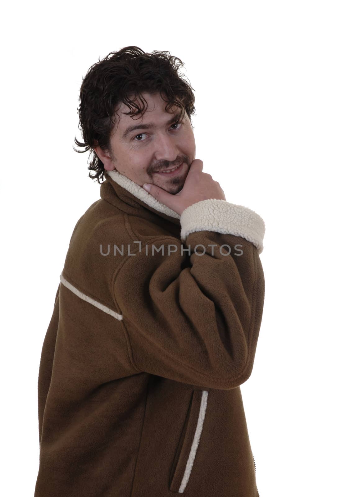 young man thinking in a white background