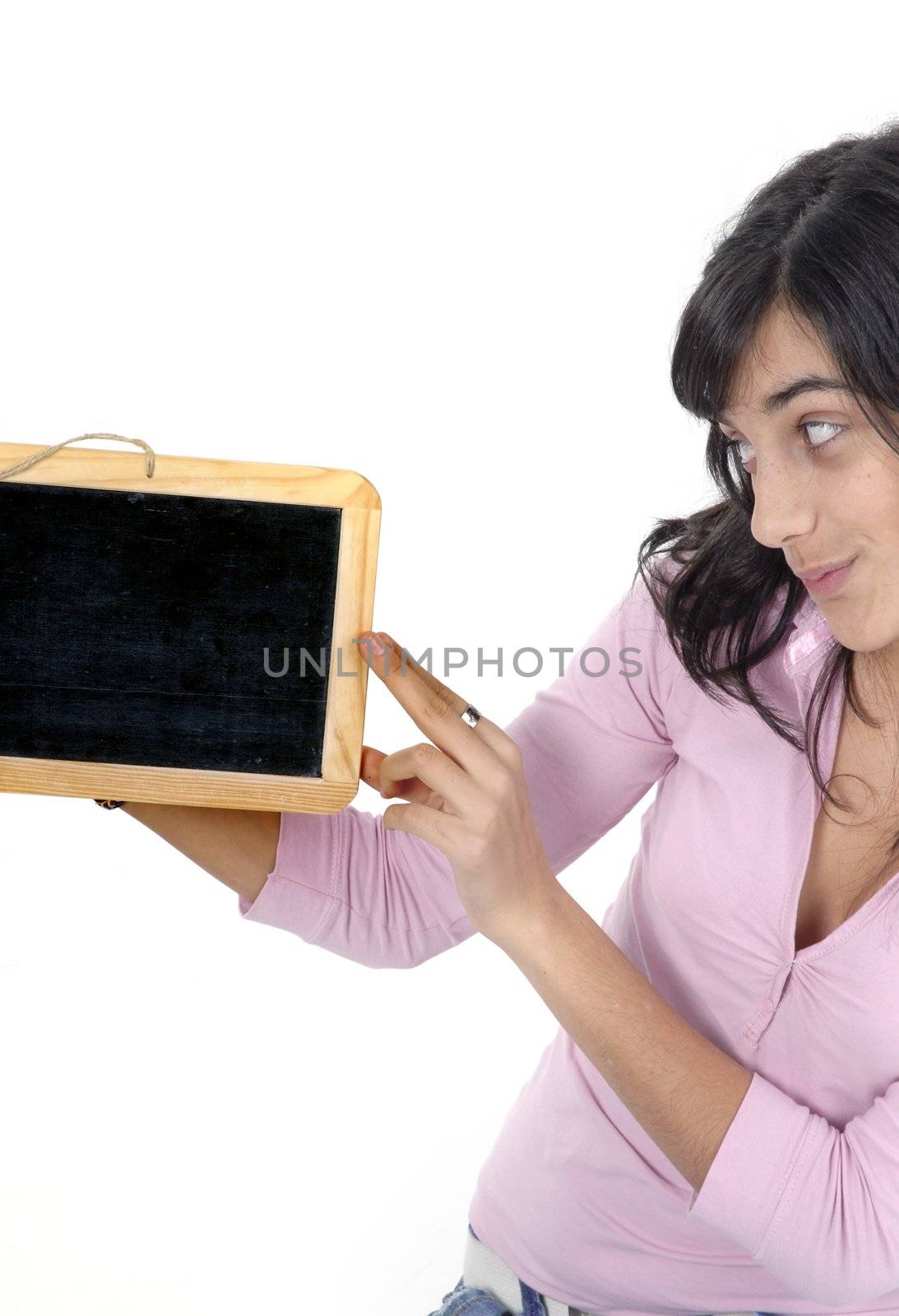 young girl with a blackboard in a white background