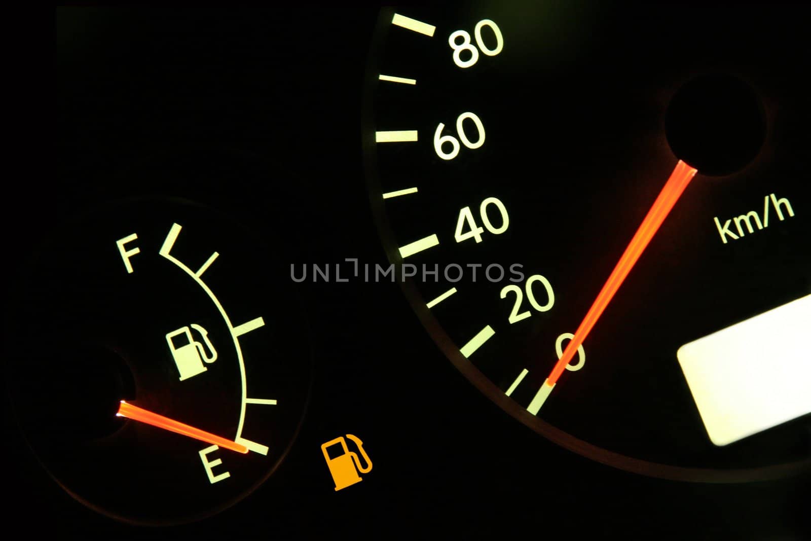 Fuel gauge in red, empty tank