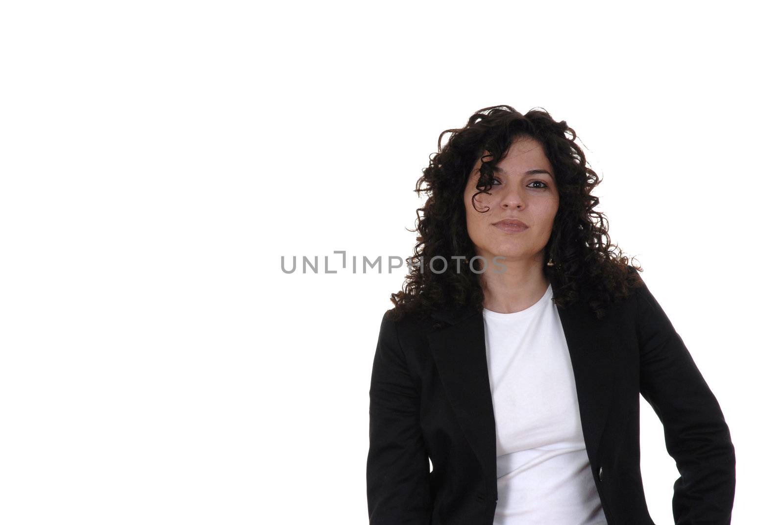 young adult woman alone in a white background