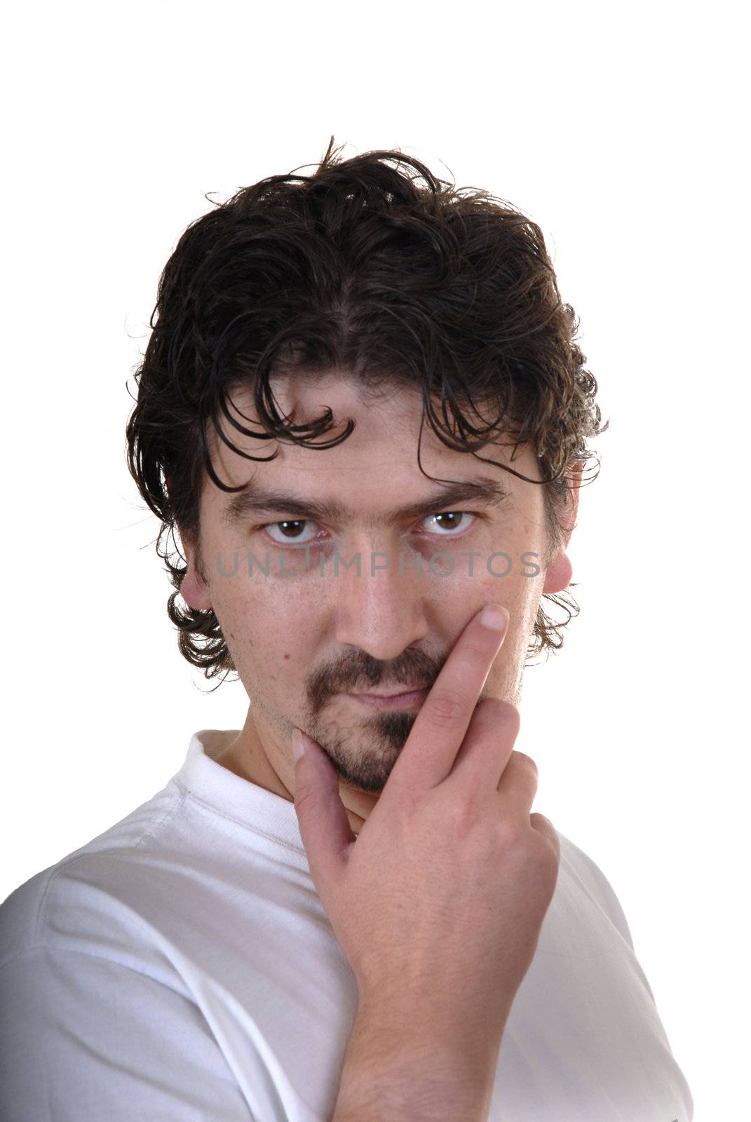 young man portrait thinking in a white background