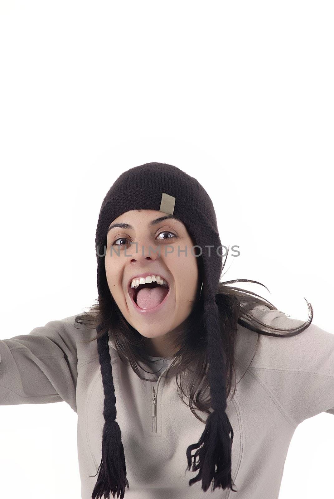 young happy casual woman portrait in white background