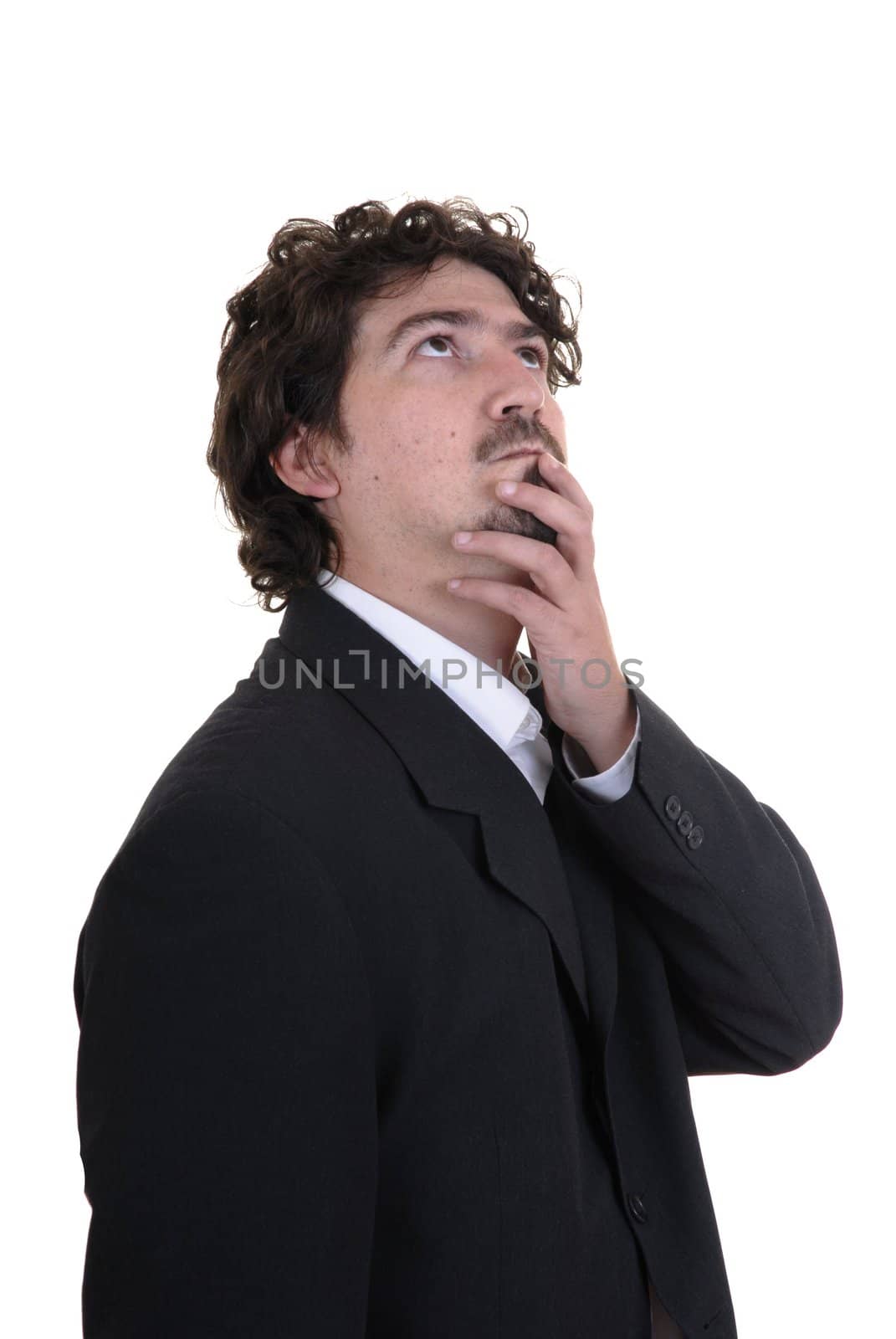 young man adult thinking in a white background