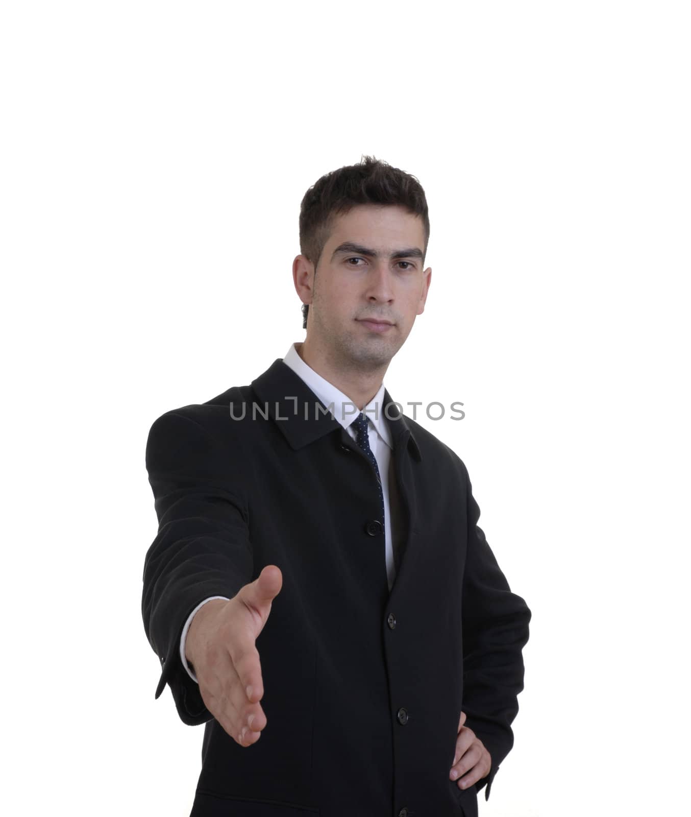 young business man offering hand in white background