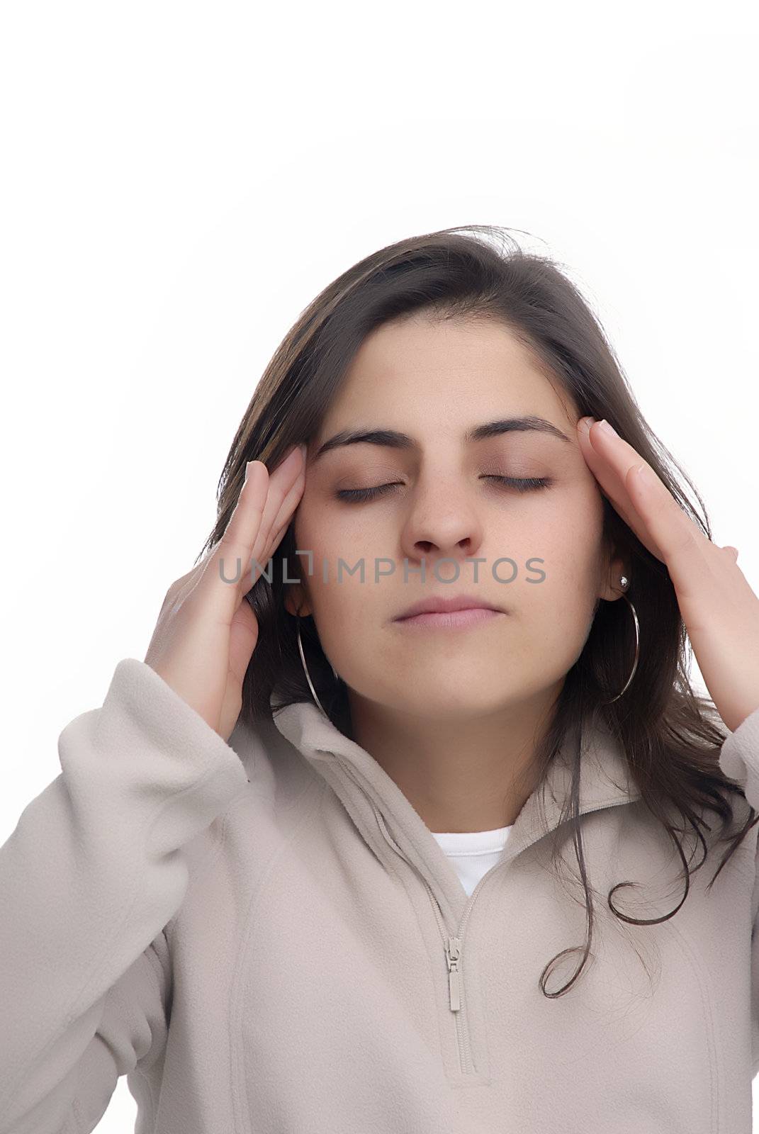 young casual woman portrait with a headache