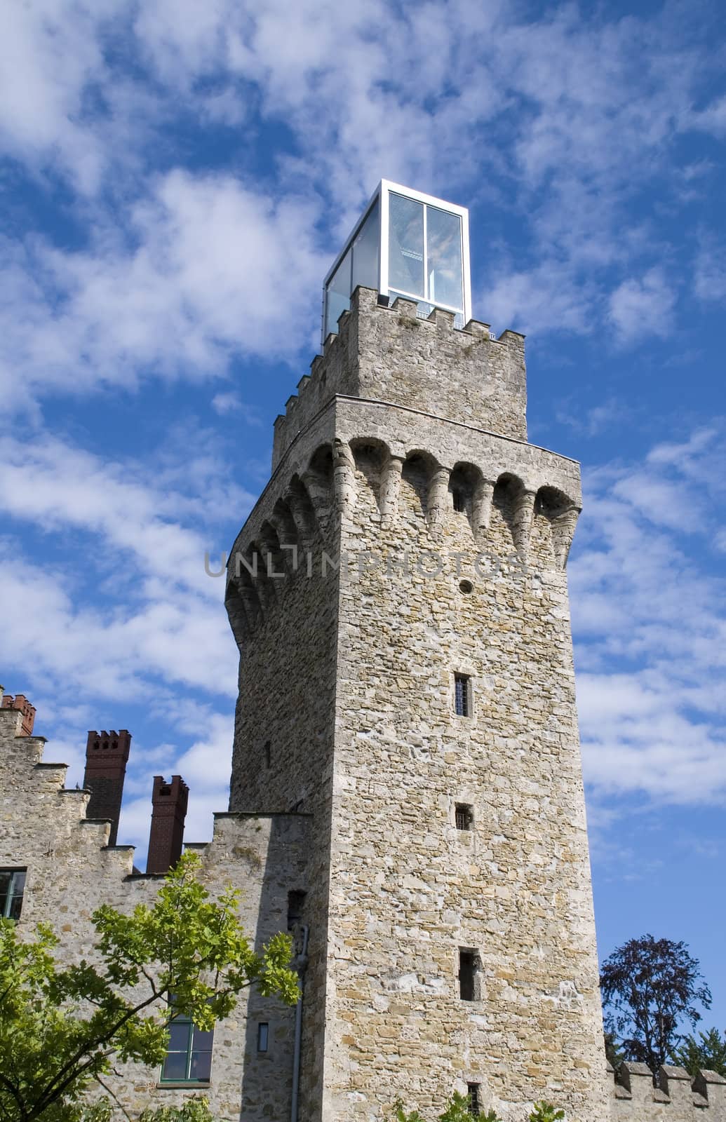 Tower from the middle ages with modern cube on top. Town of Waidhofen / Austria.