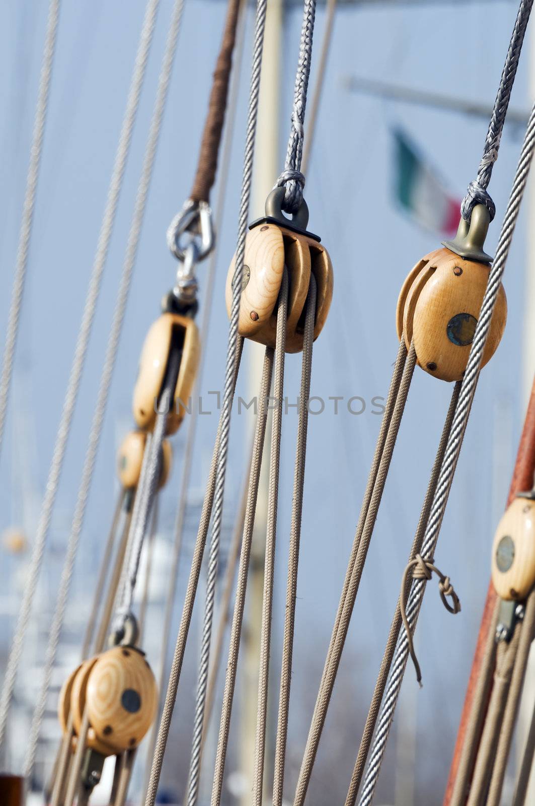 Wooden blocks on an old sail boat