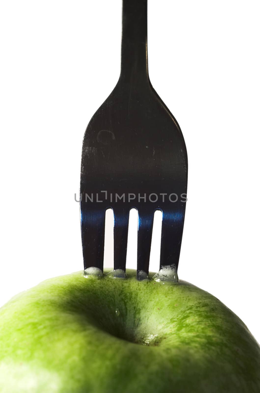 apple, autumn, crutch, cutlery, diet, drew, drop, eat, fall, fork, fruit, green, prong, vitamin, water, yellow, 