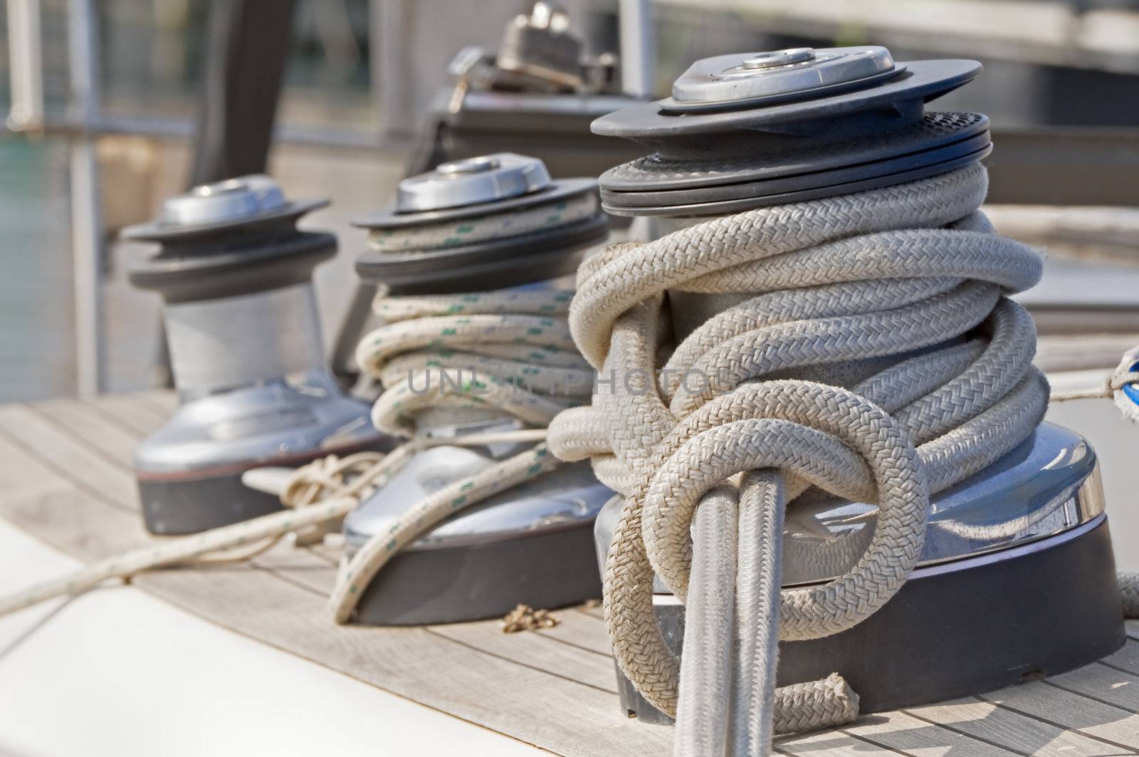 Winches to pull on sails on a boat 