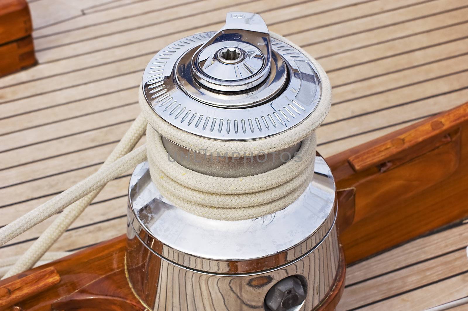 Close-up on a winch used to control sails on a sailboat