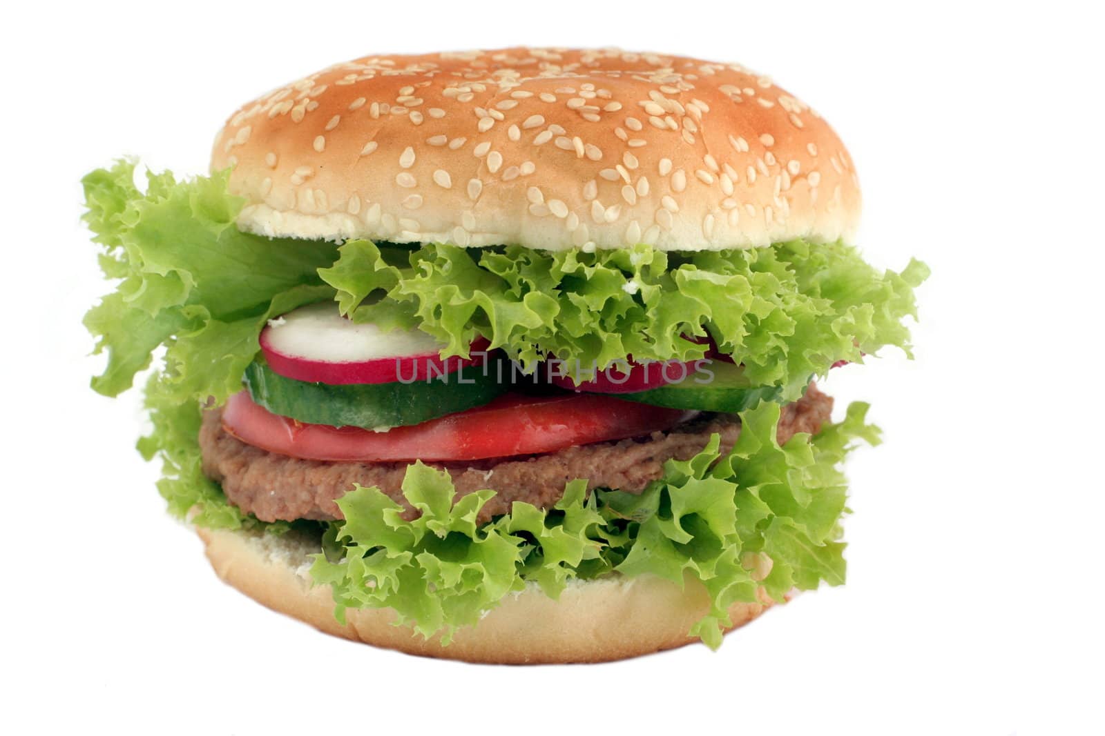 the photo of  hamburger from lettuce and vegetables on white background