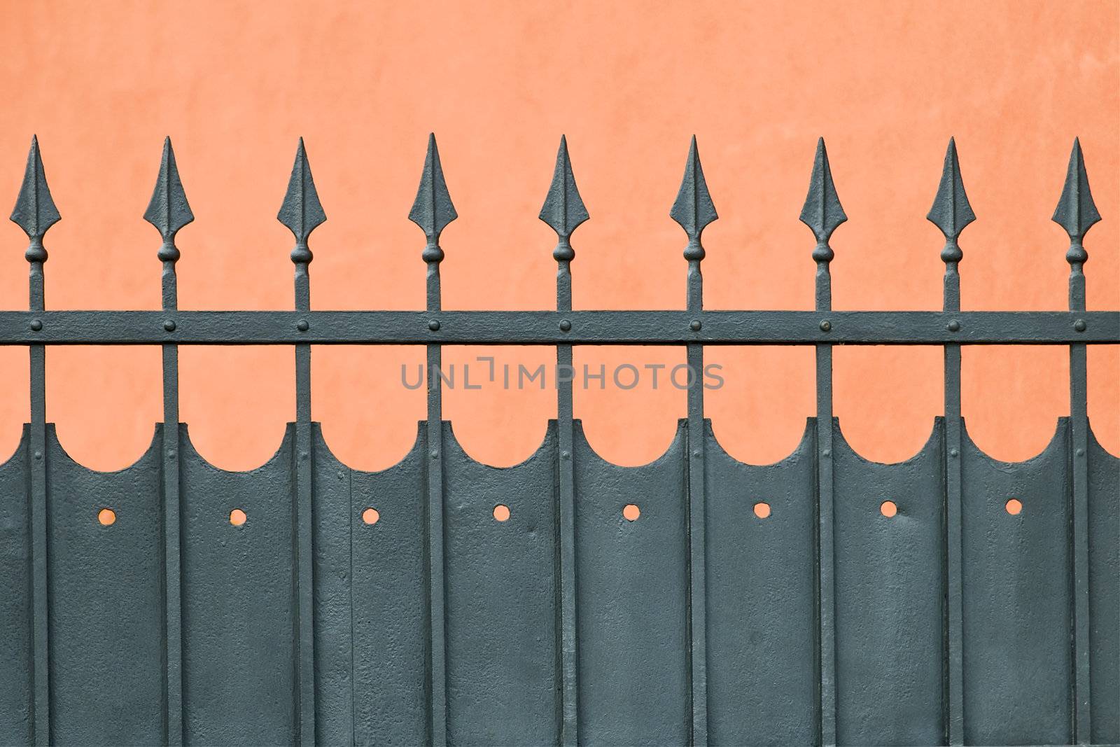 Wrought iron fence with arrow head protecting house