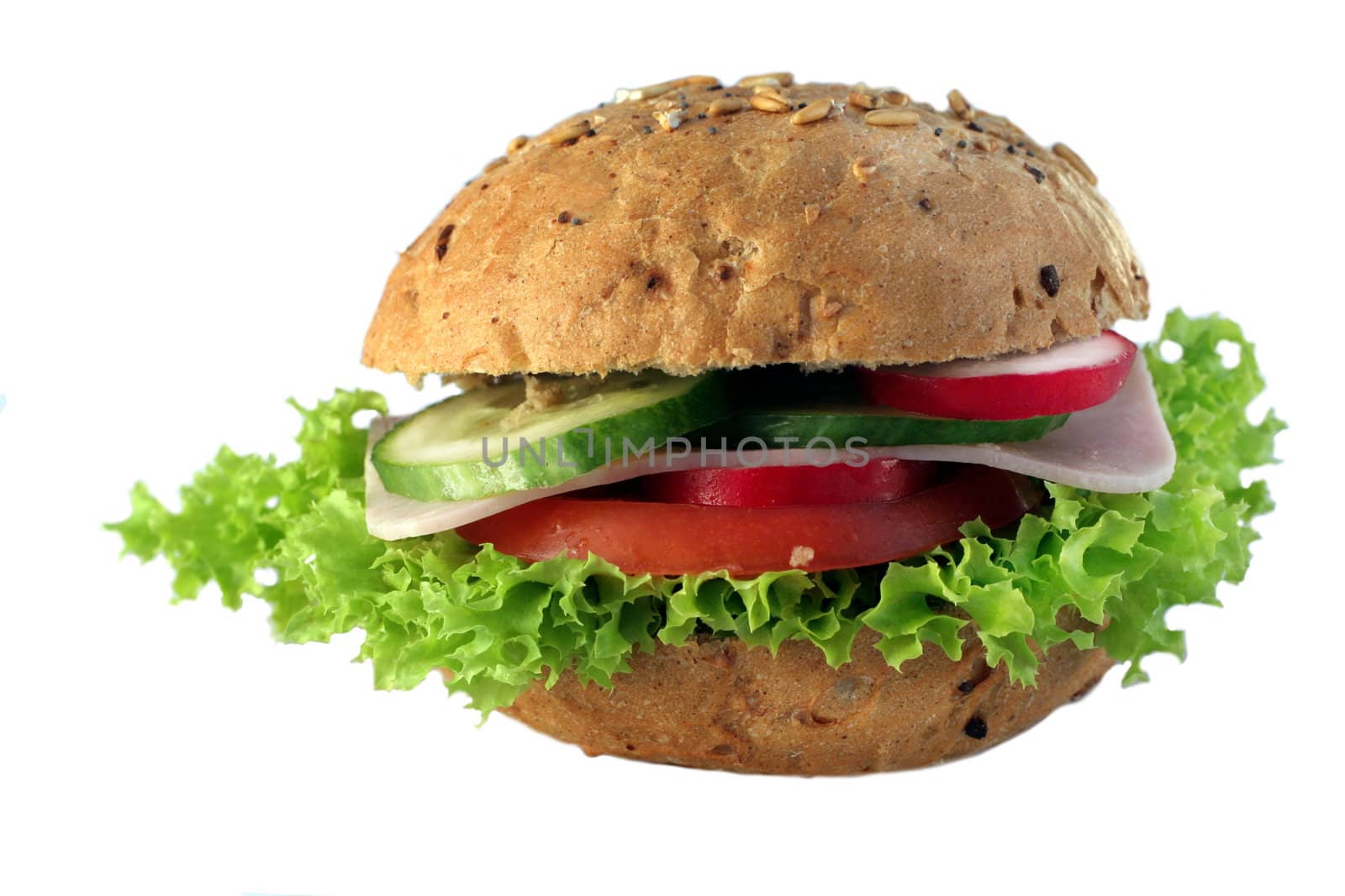 appetizing sandwich from ham and lettuce on white background