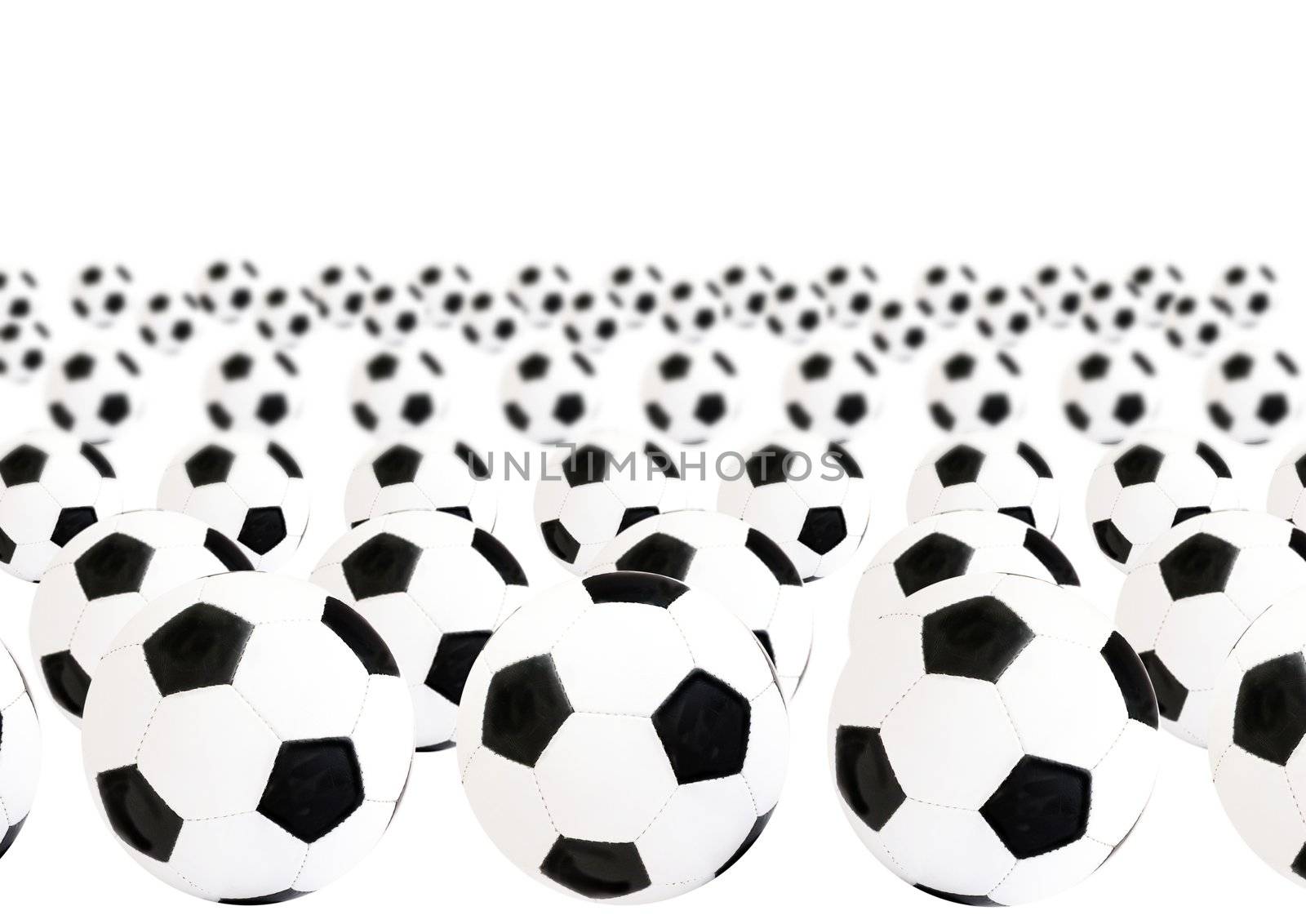 photo of large quantity of foot balls on white background