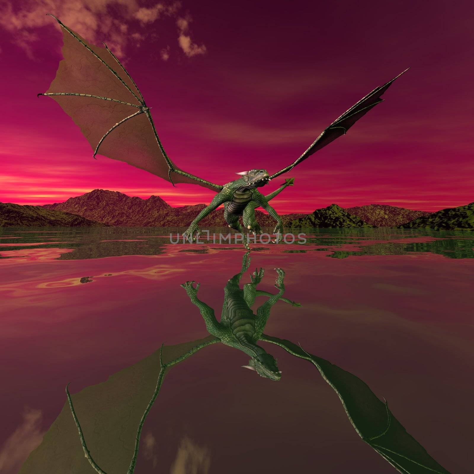 High resolution 3D render. Flying dragon in a fantasy world