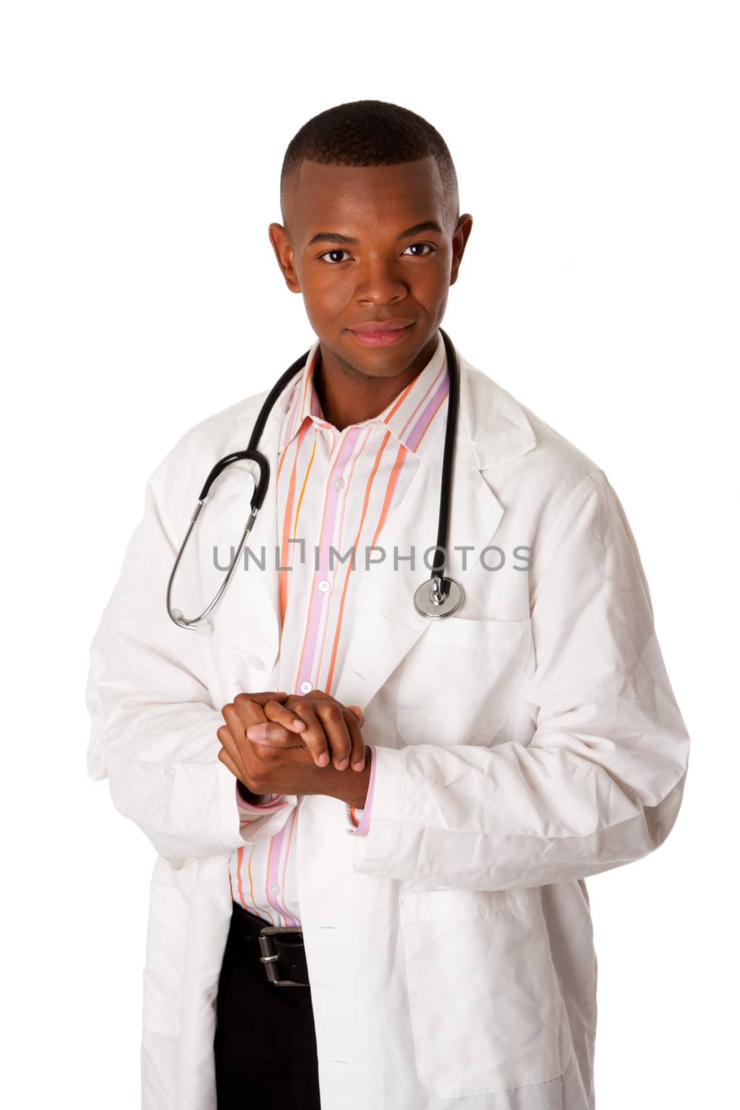Handsome Doctor physician with stethoscope standing with hand together advising consulting patient, isolated.