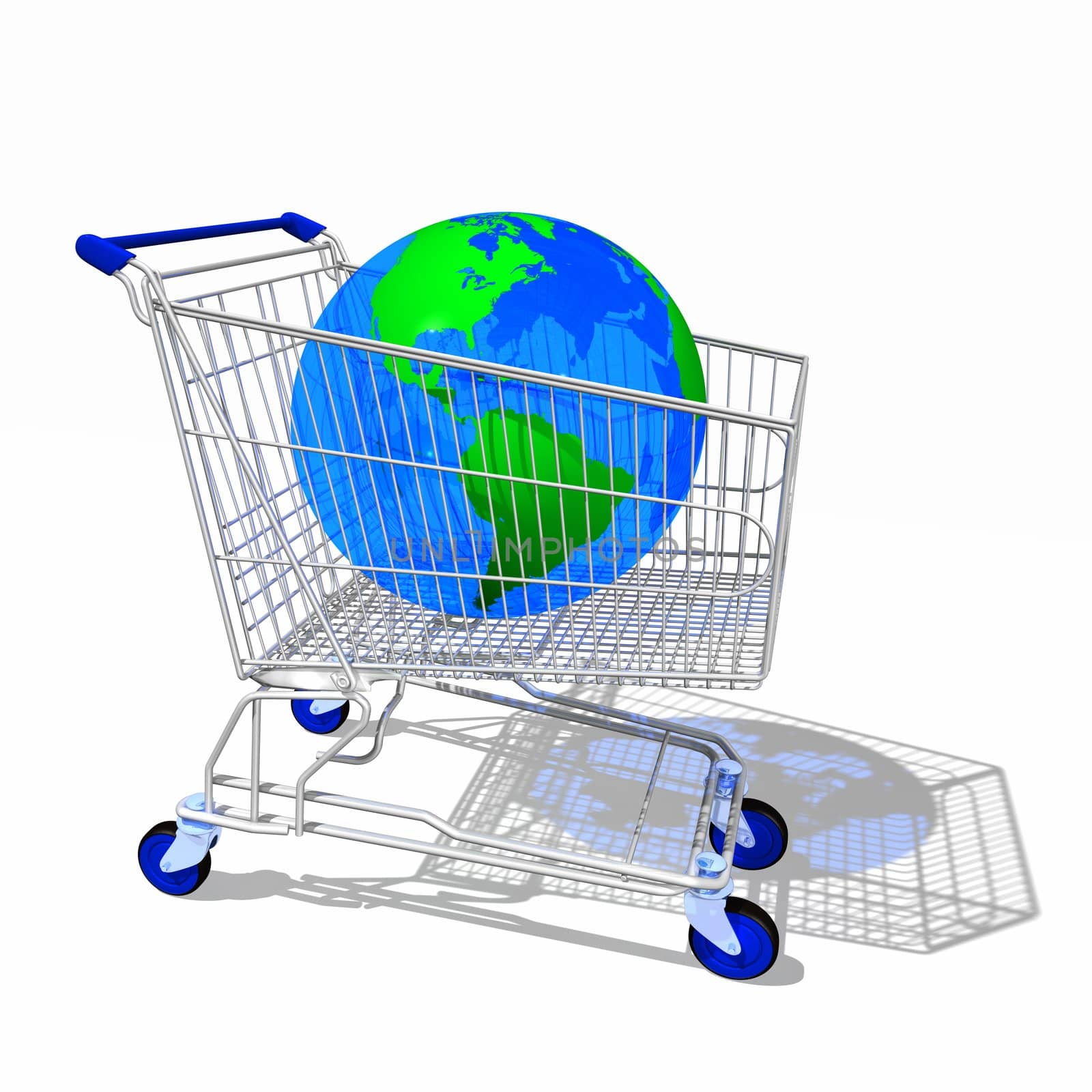 Shopping cart with globe isolated on white. High resolution 3d illustration