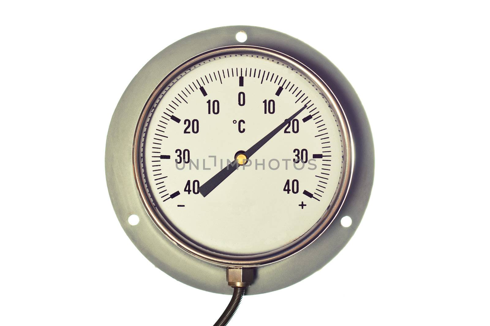 Silver and white, round,  industrial celsius thermometer isolated on a white background