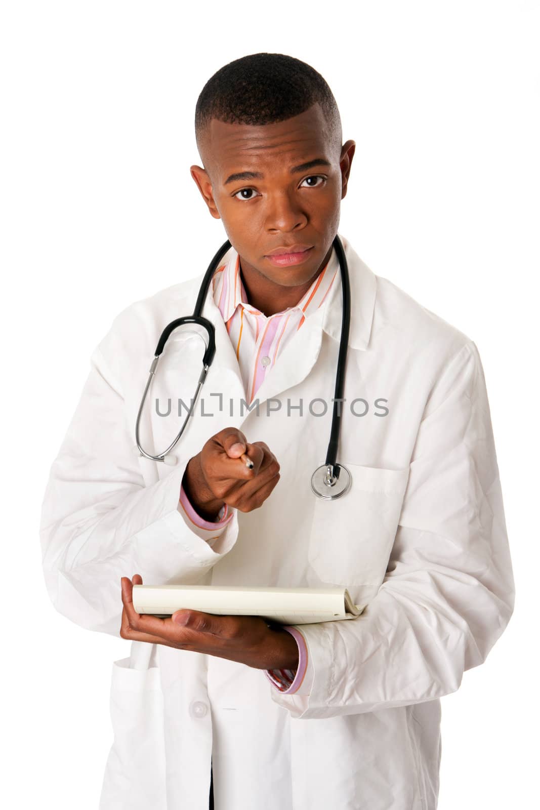Handsome Doctor physician with patient chart dossier and stethoscope asking and confirming questions, taking note, isolated.