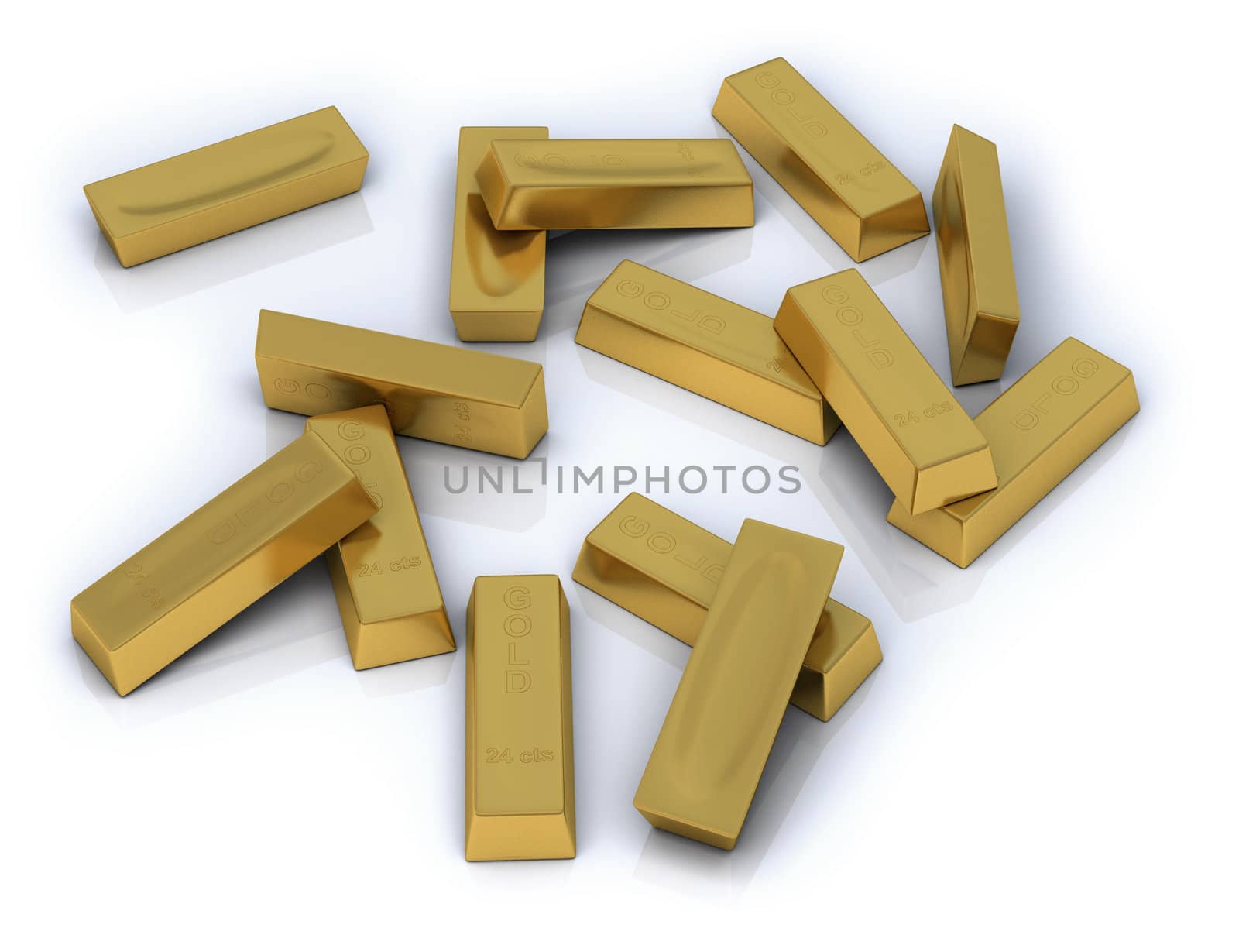 Gold bars in bulk on a white background with a little reflection