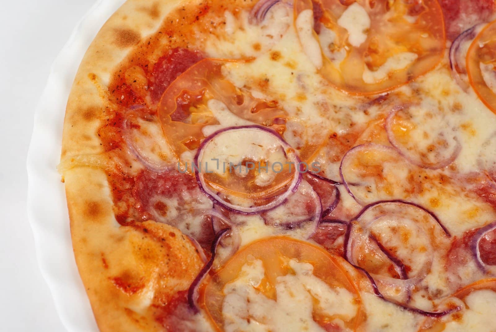 pizza closeup with salami, tomato, onion and mozzarella cheese