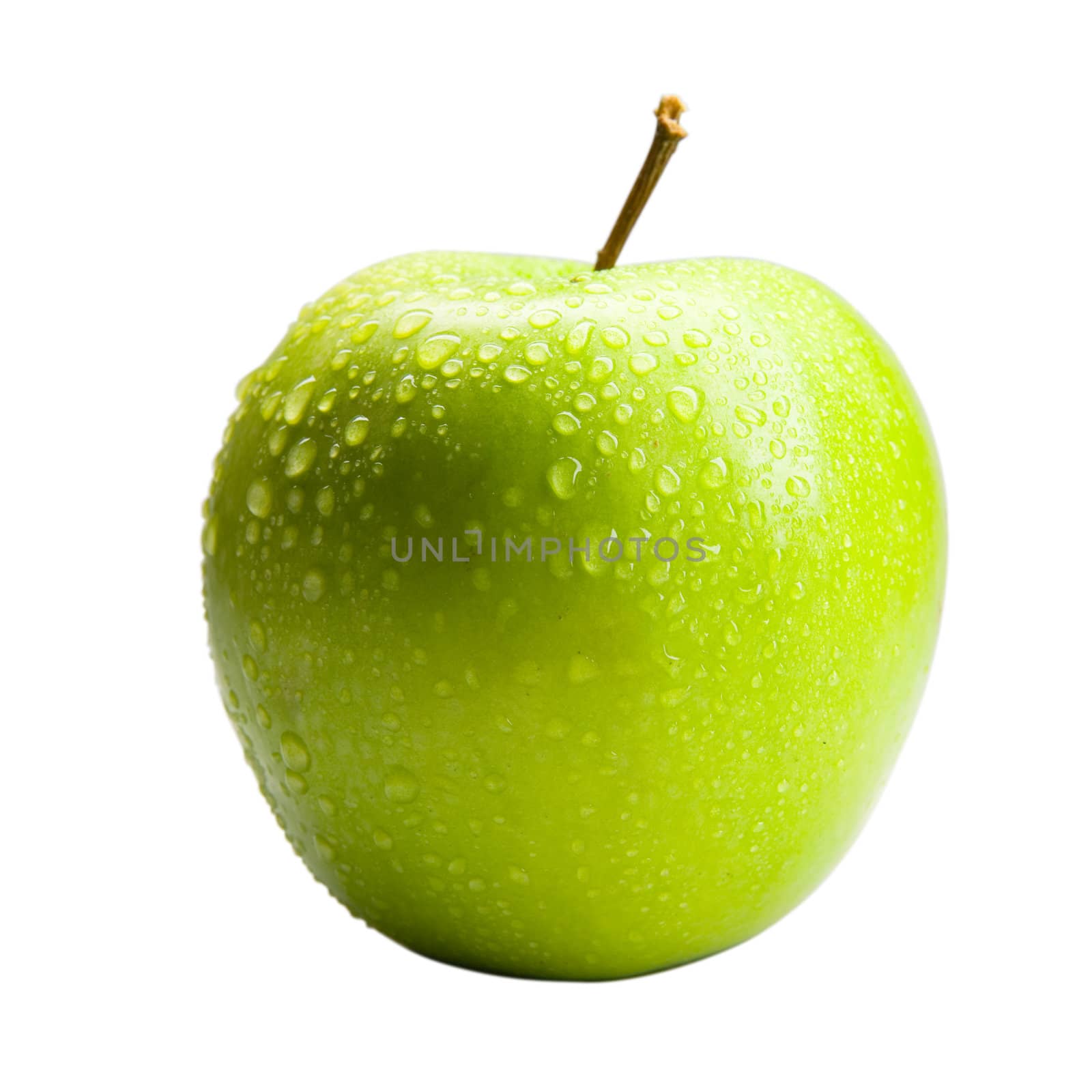 Wet green apple isolated on a white background