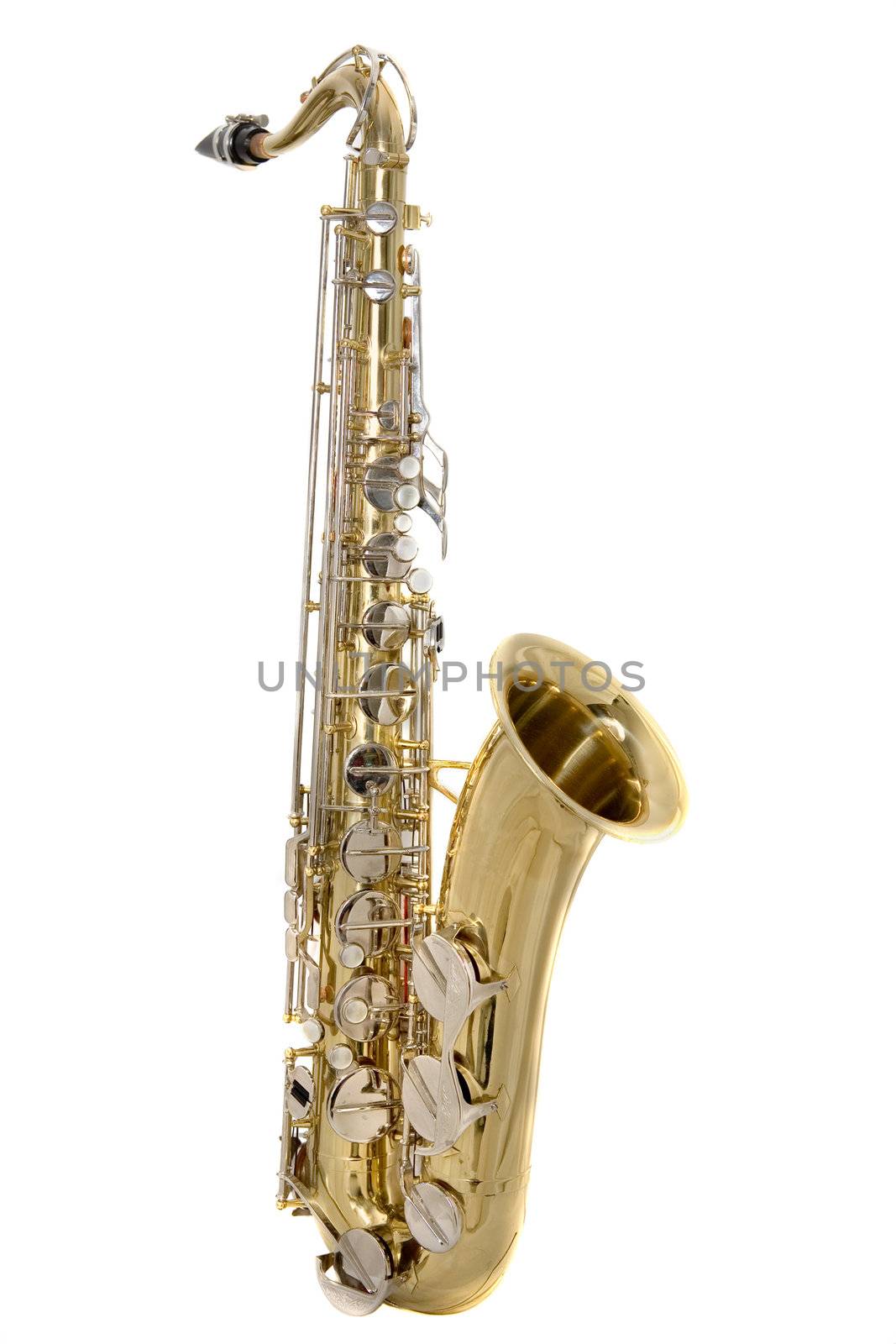 Tenor saxophone on a white background