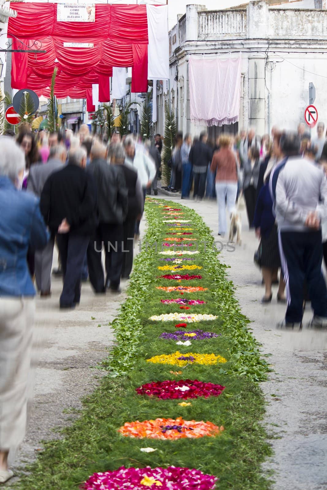 Beautiful procession of torches decorated with flowers, held in S.Bras de Alportel, Portugal.