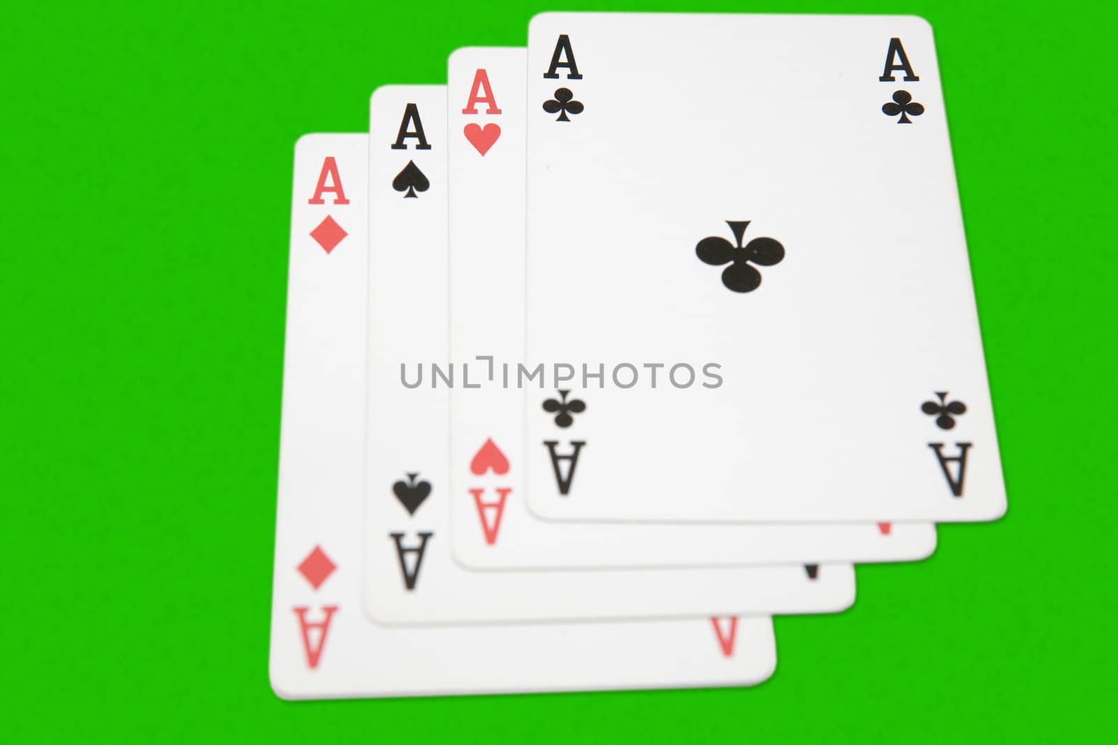 Winning playing cards, four aces, on green background