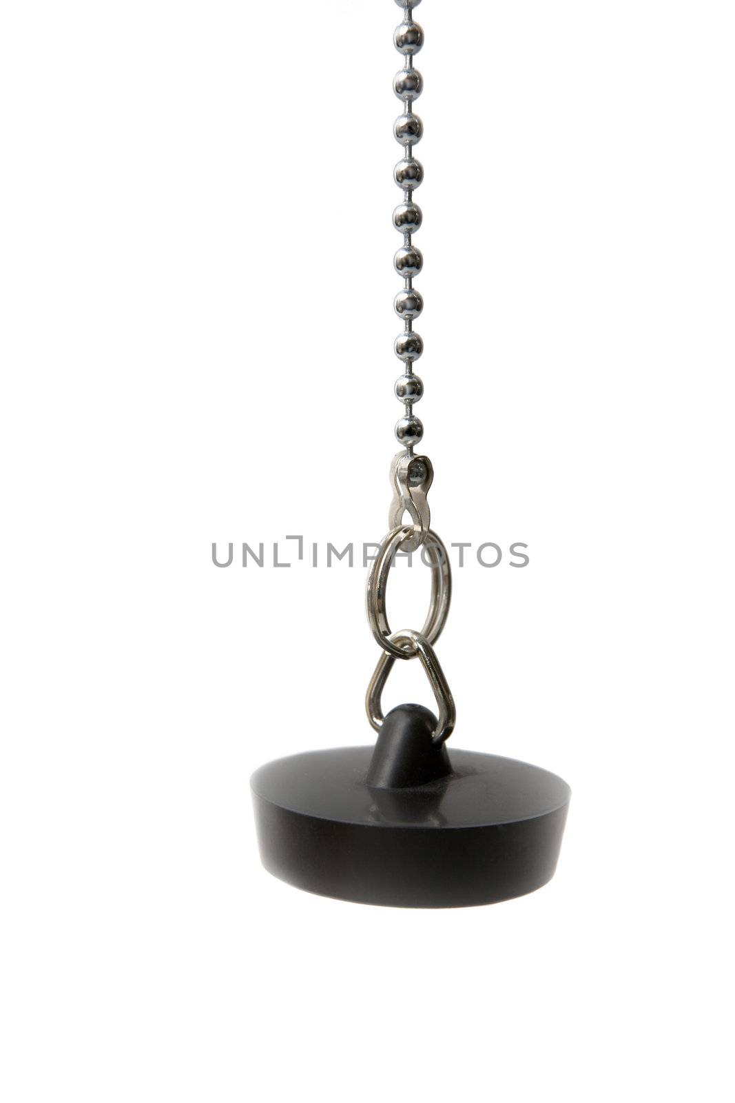 Black rubber drain plug hanging in a ball chain