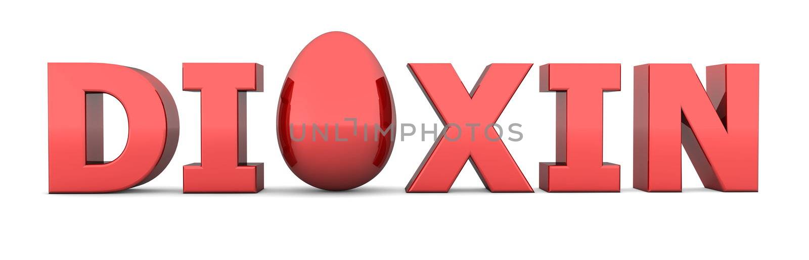 glossy red word DIOXIN with a glossy red egg replacing letter O