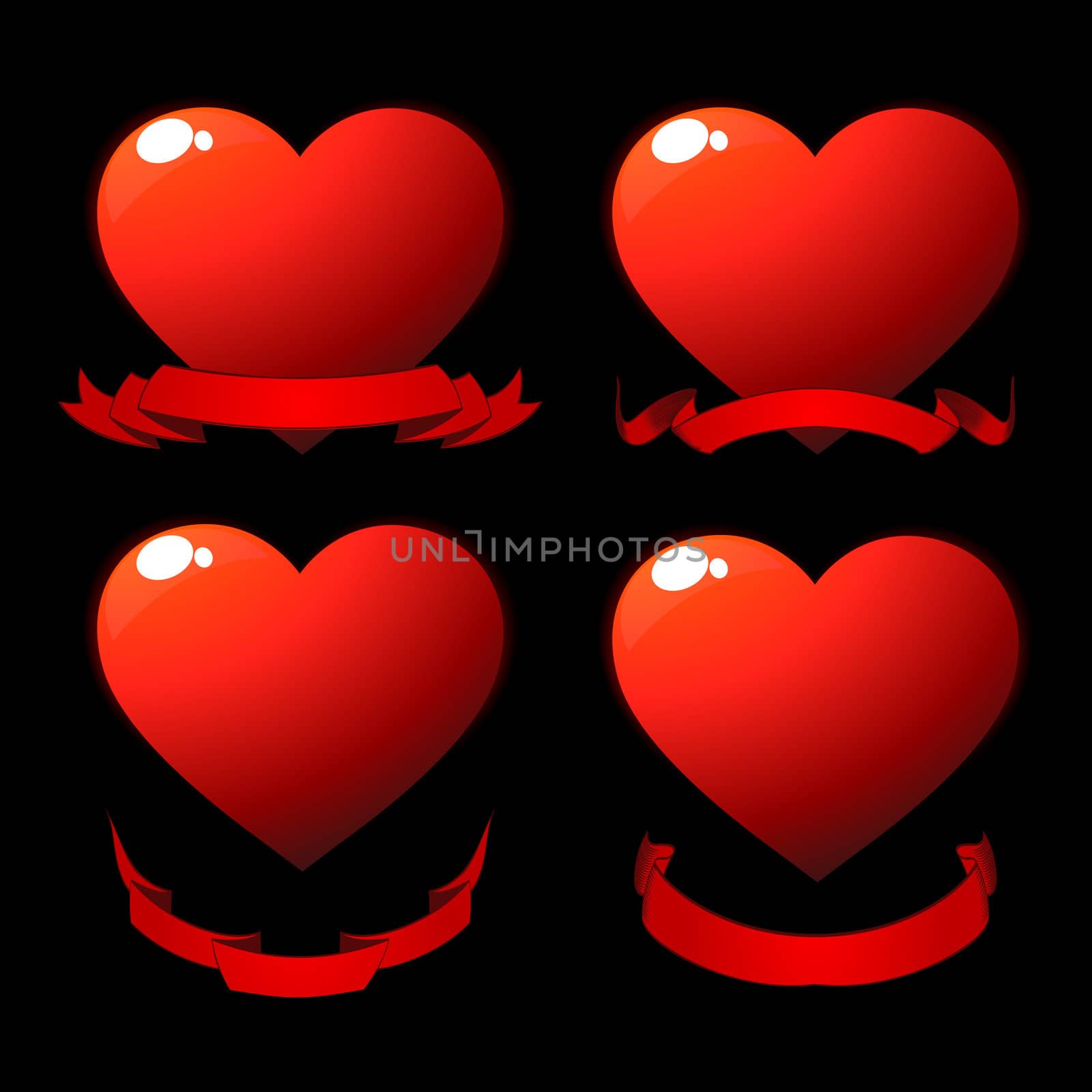 Red shiny hearts with scrolls over black
