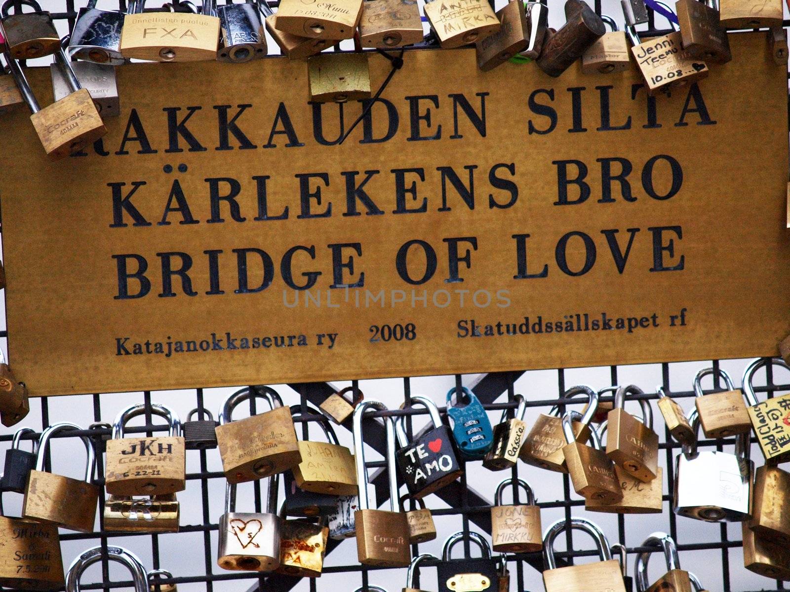 Romantic chain lock bridge in Helsinki Finland