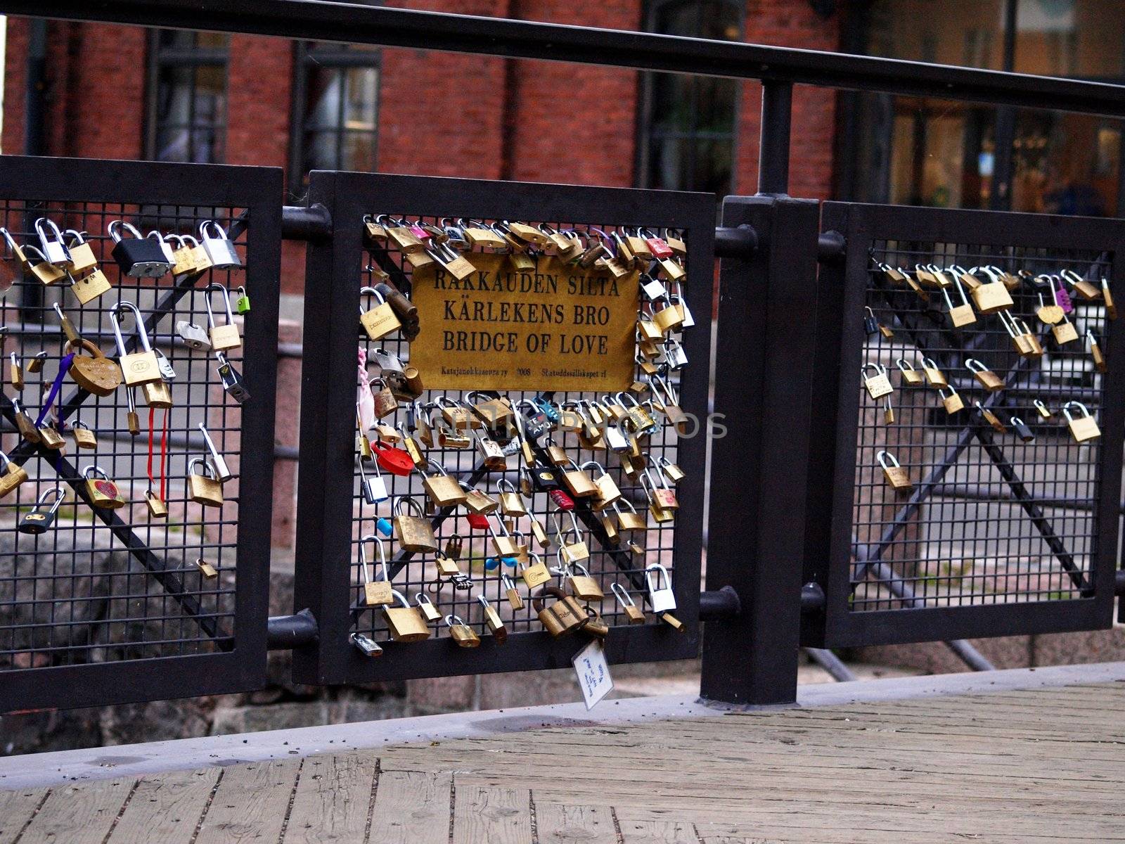 Romantic chain lock bridge in Helsinki Finland