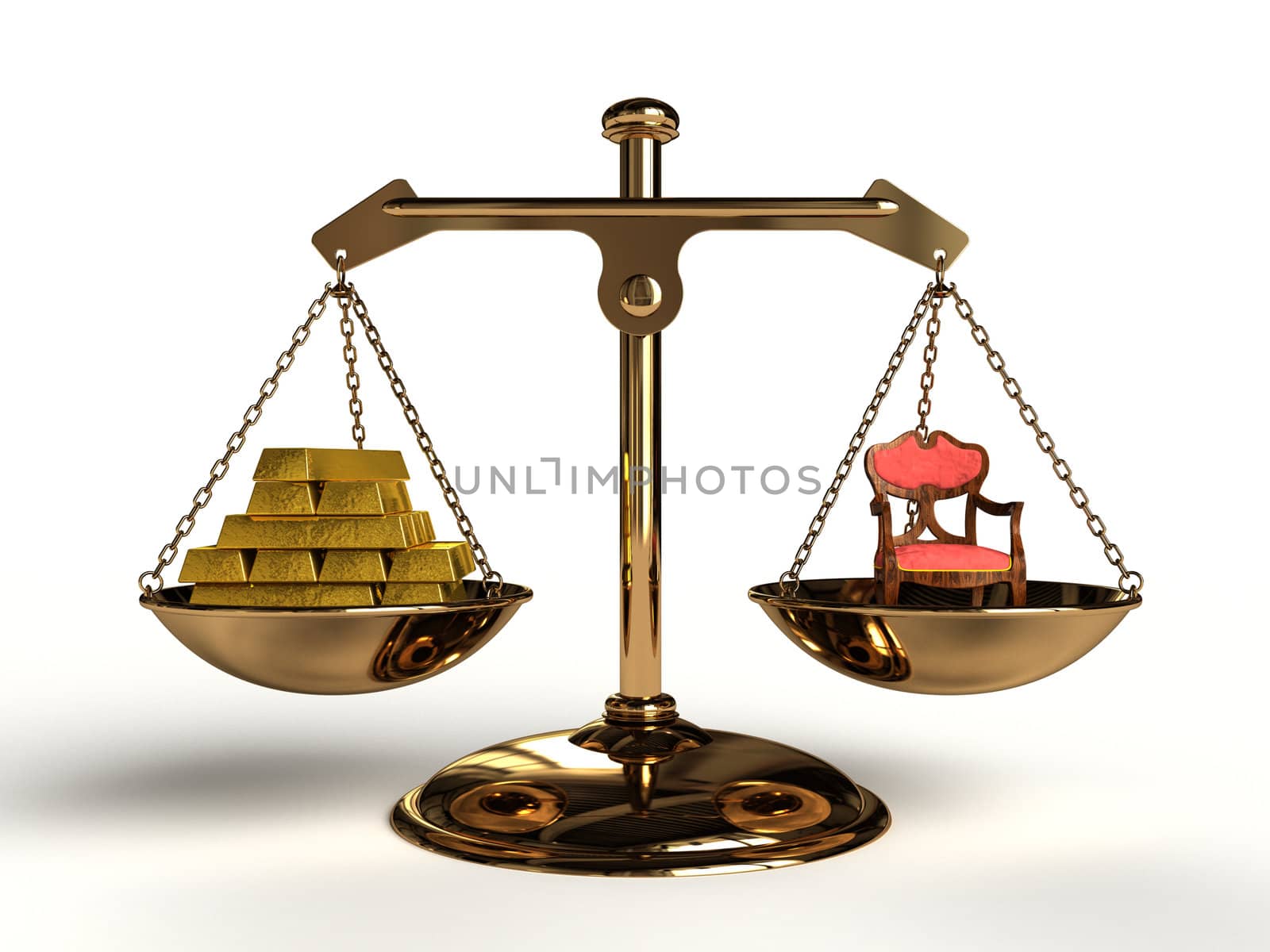 The value of political power. On a golden balance, are compared in an red armchair and a lot of gold bullion, computer-generated conceptual image.