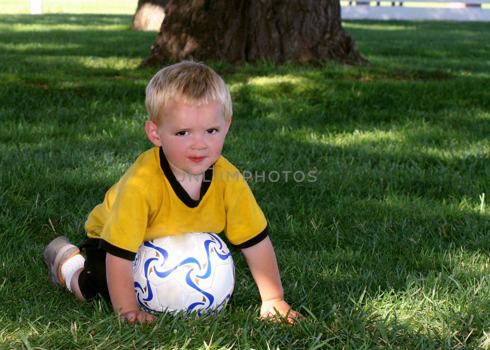 Little boy plaing with a soccer ball in the grass