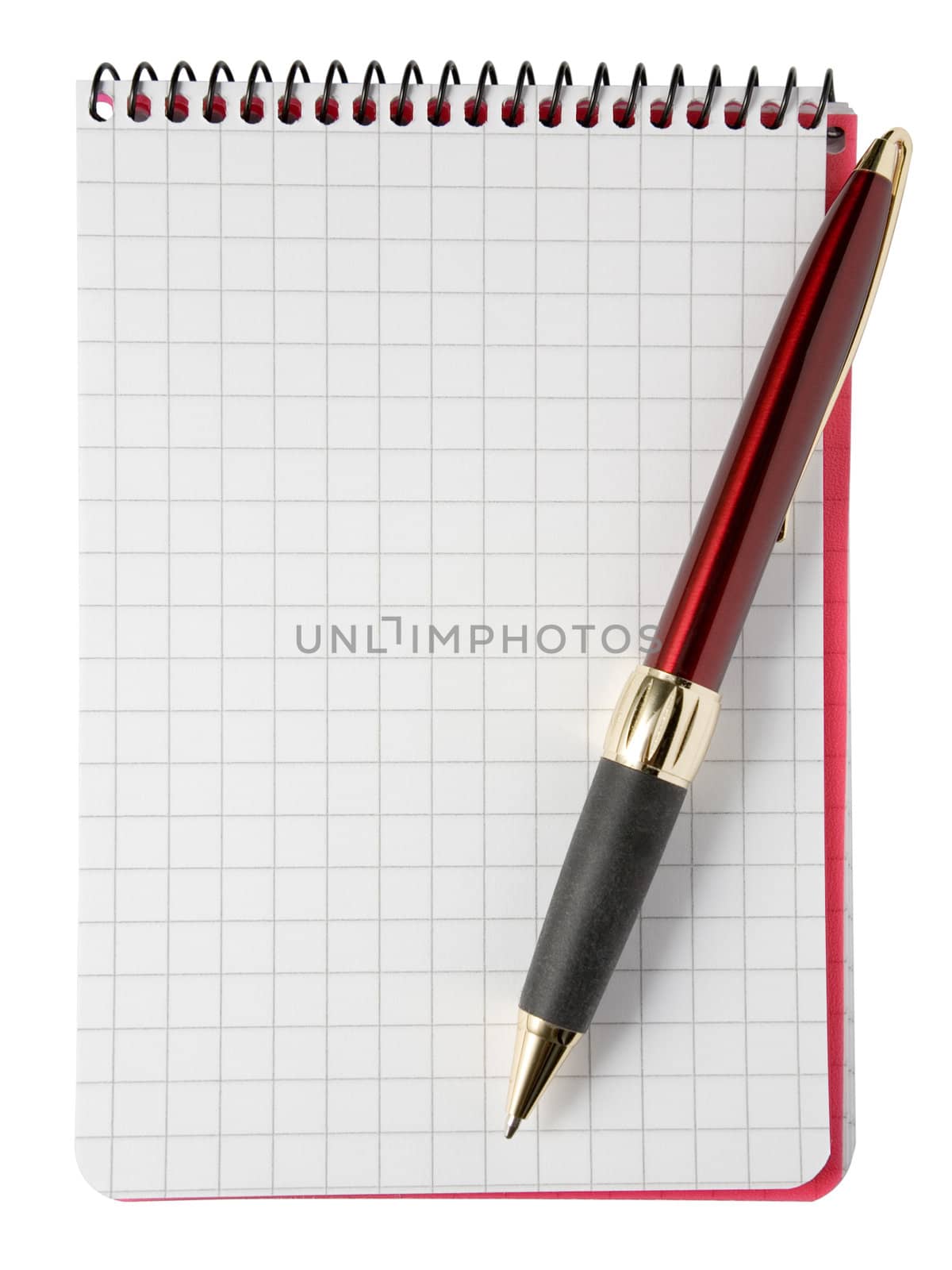 Blank notepad and a ballpoint pen. Isolated on a white background with clipping path.