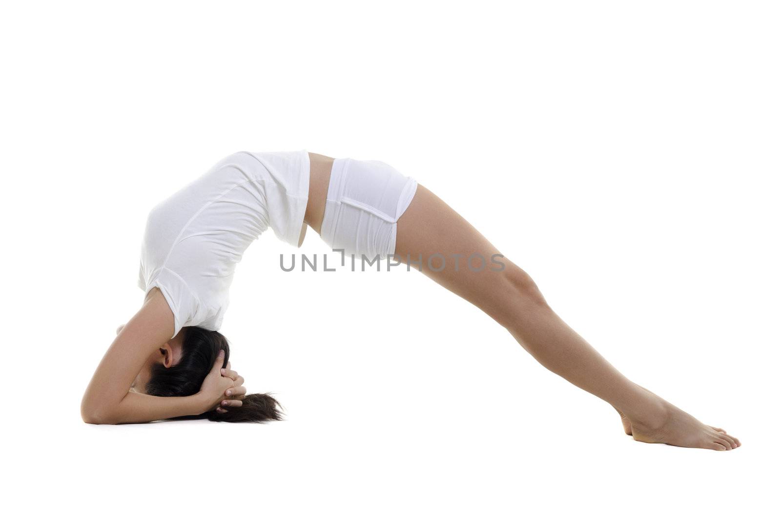 Woman in yoga, Inverted Staff Posture (Dvi Pada Viparita Dandasana), on white background