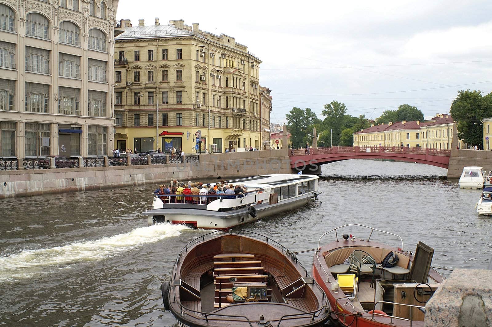 Red Bridge over Moika River in Saint Petersburg, Russia.