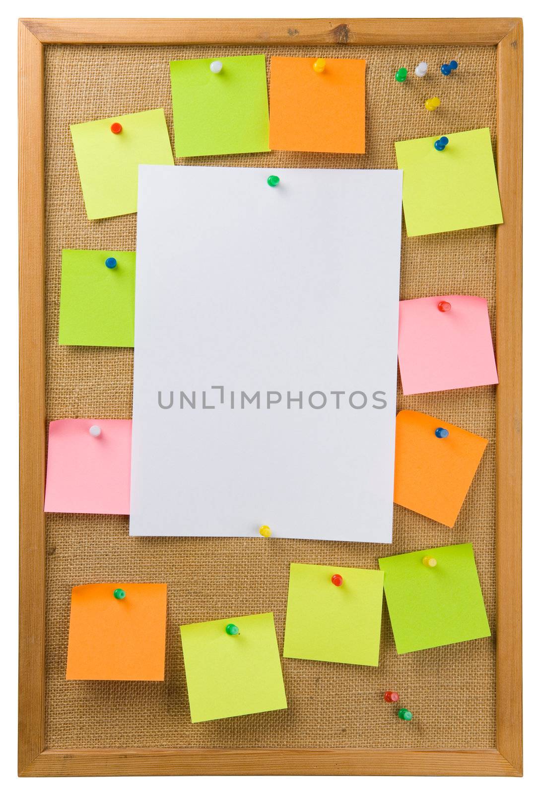 Sticky notes and sheet of paper attached to a noticeboard
