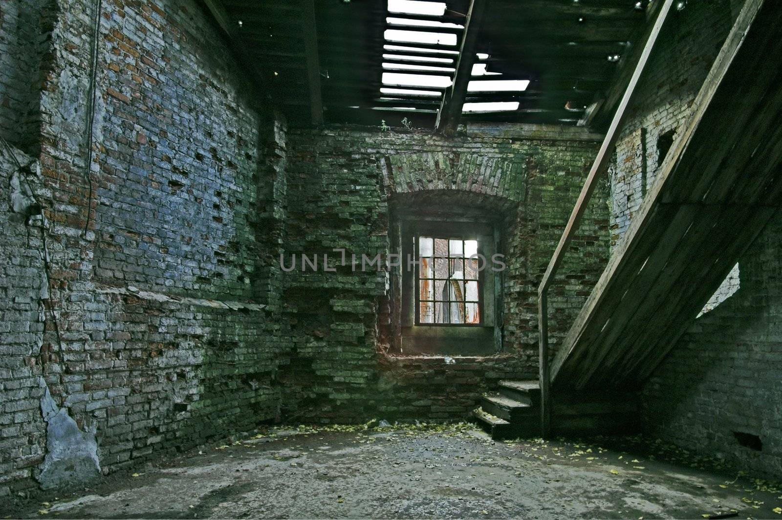 Abandoned store house hall with staircase.