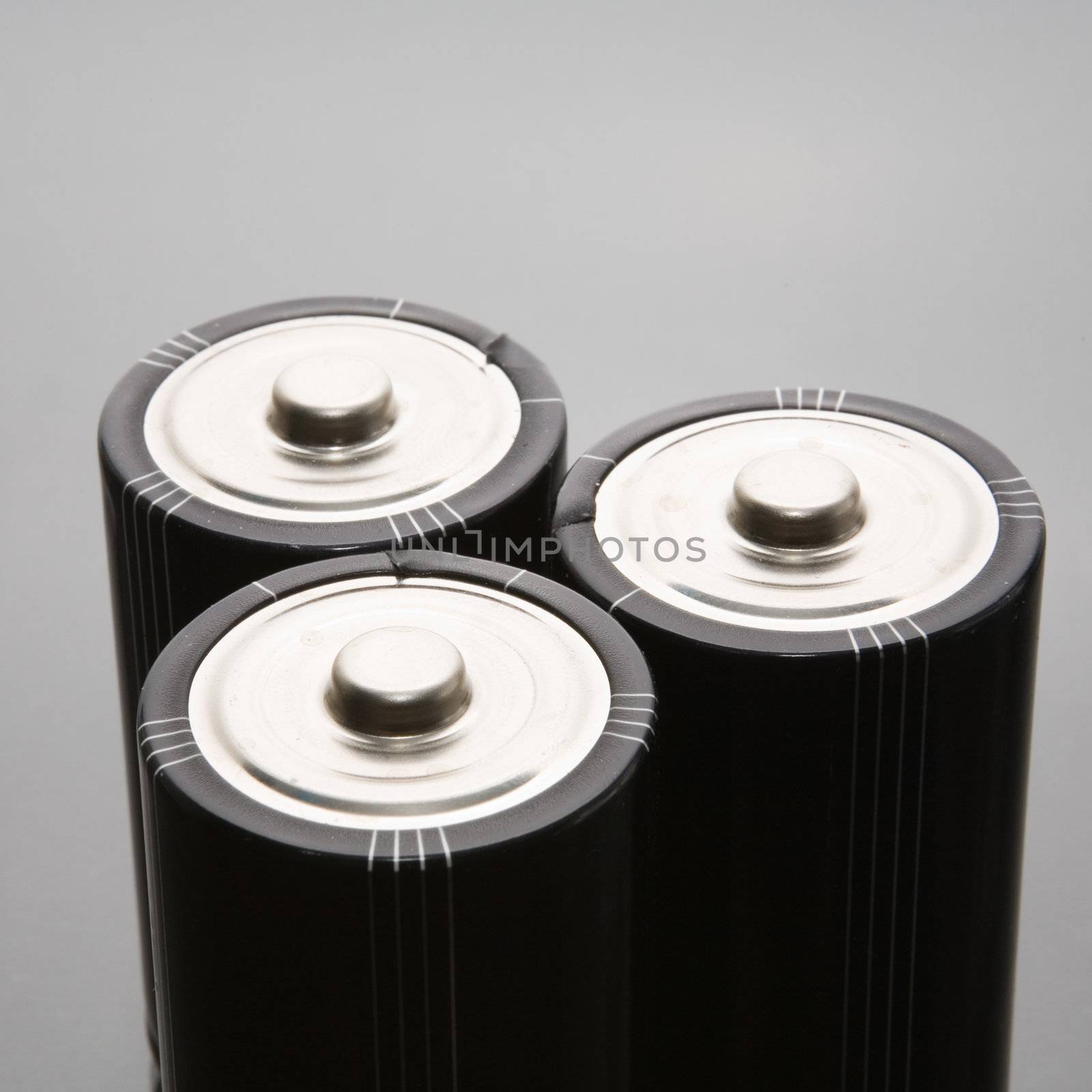 Three LR20 alkaline batteries on a reflective studio background