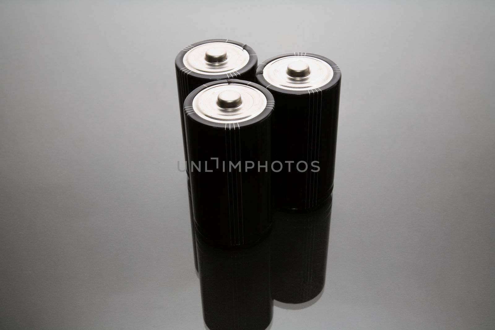 Three LR20 alkaline batteries on a reflective studio background