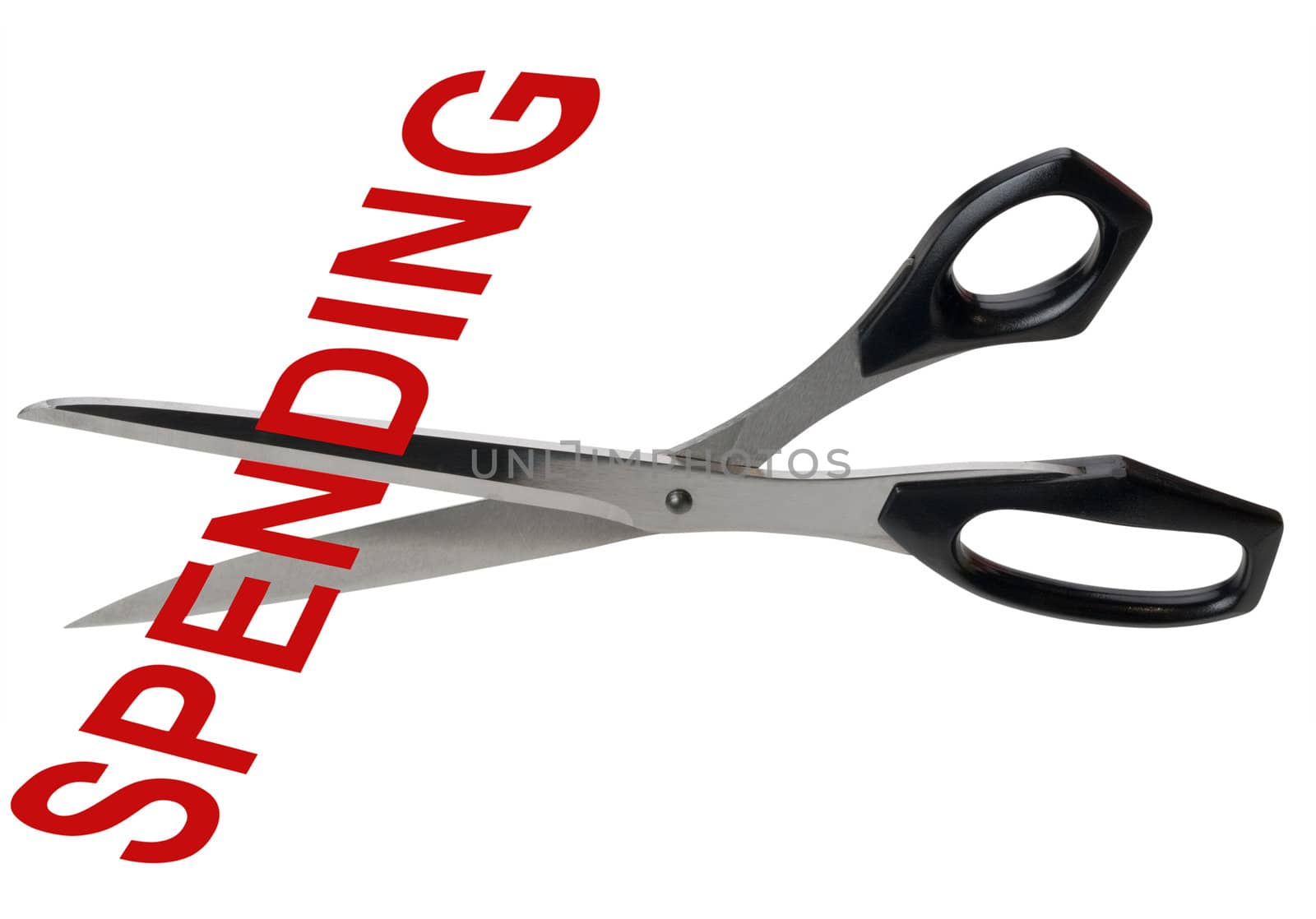 Scissors cutting the word spending as a metaphor,isolated with clipping path