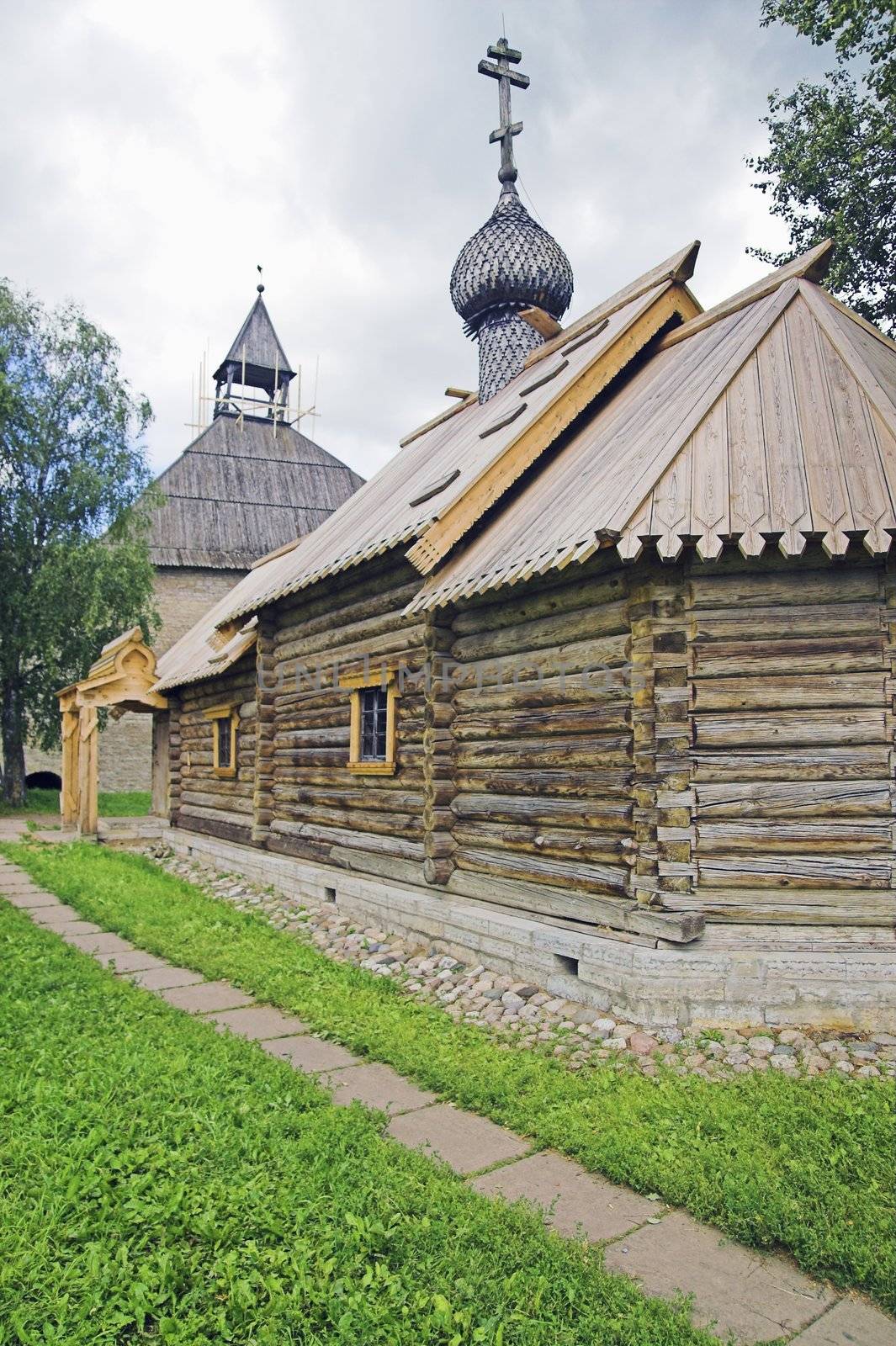 Ancient Russian loghouse church near Saint Petersburg, Russia.